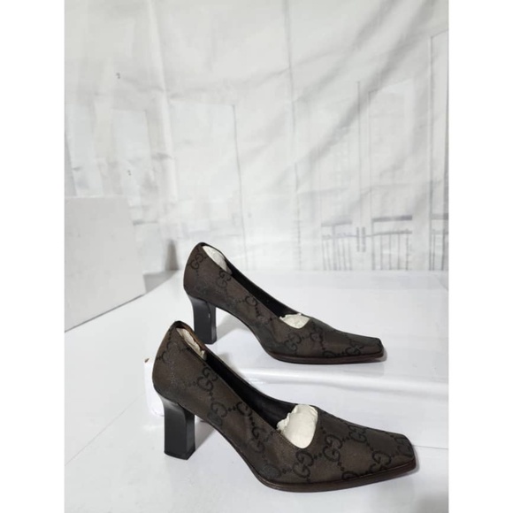 Authentic Gucci Vintage GG Square Toe Pumps Thick Heels Brown Size 36C - Picture 3 of 15